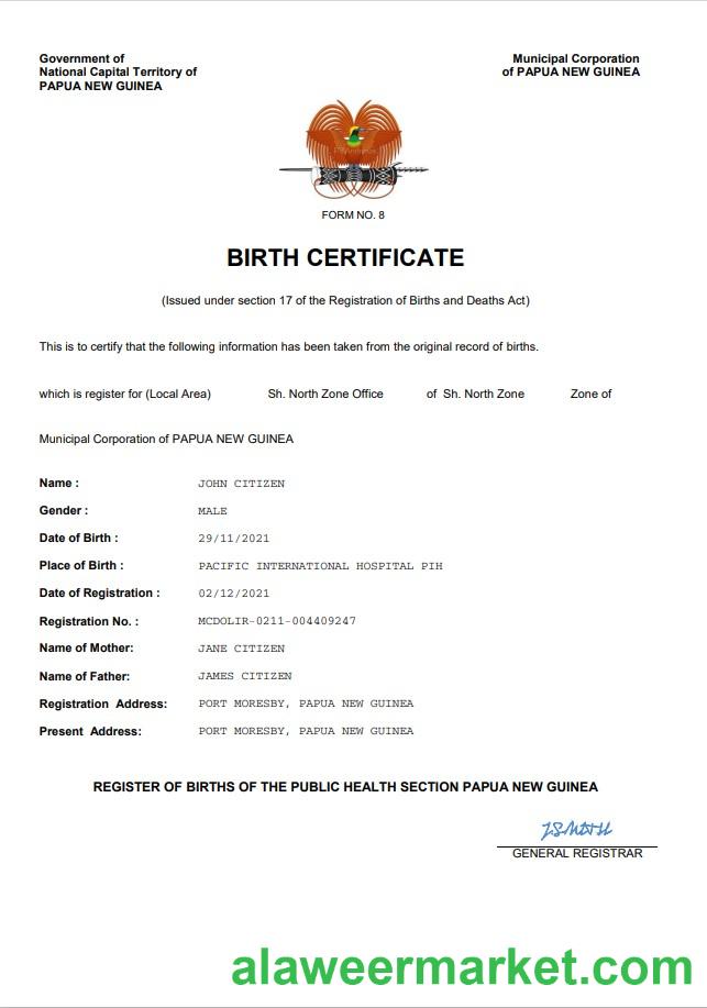 Papua New Guinea vital record birth certificate Word and PDF template